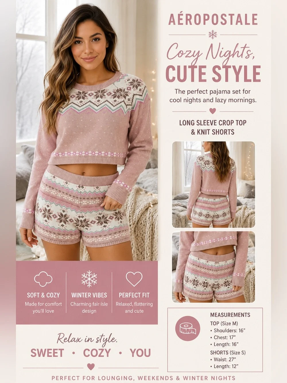 Aeropostale Fair Isle Pajama Set Crop Top Shorts Pink Women’s M/S